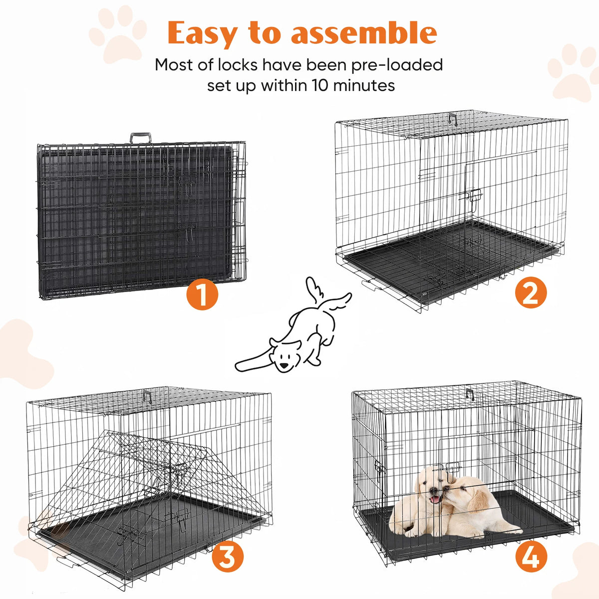 Folding Double Door Wire Dog Crate with Leak-Proof Pan