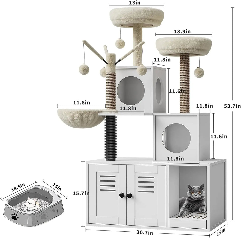 Multi-Level Cat Tower with Hidden Litter Box Cabinet, Soft Perch, and Scratching Posts