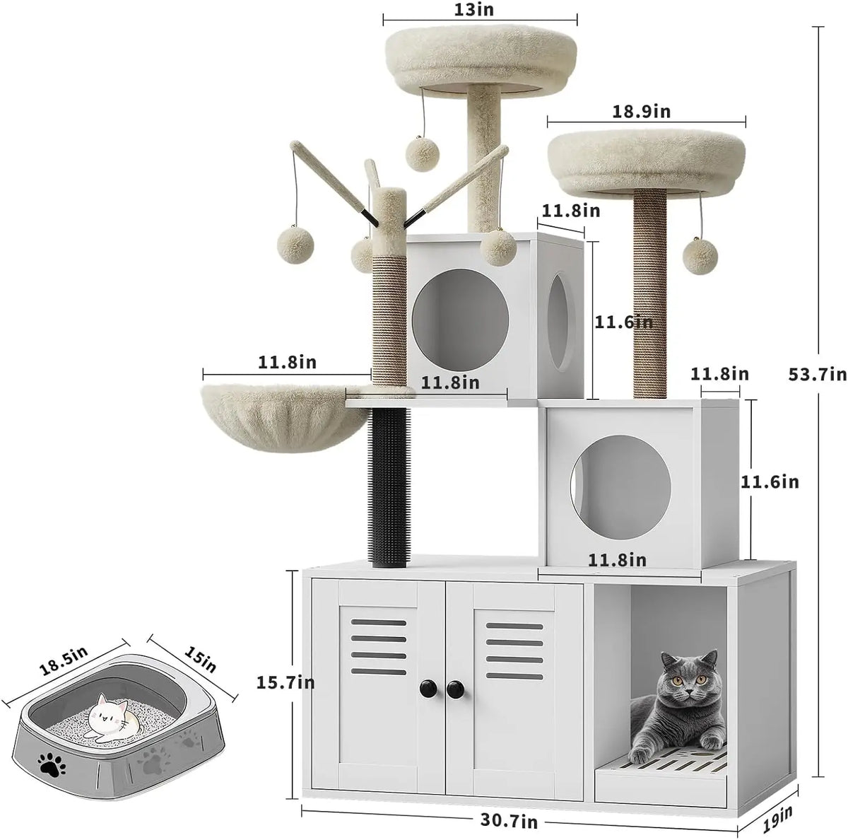 Multi-Level Cat Tower with Hidden Litter Box Cabinet, Soft Perch, and Scratching Posts