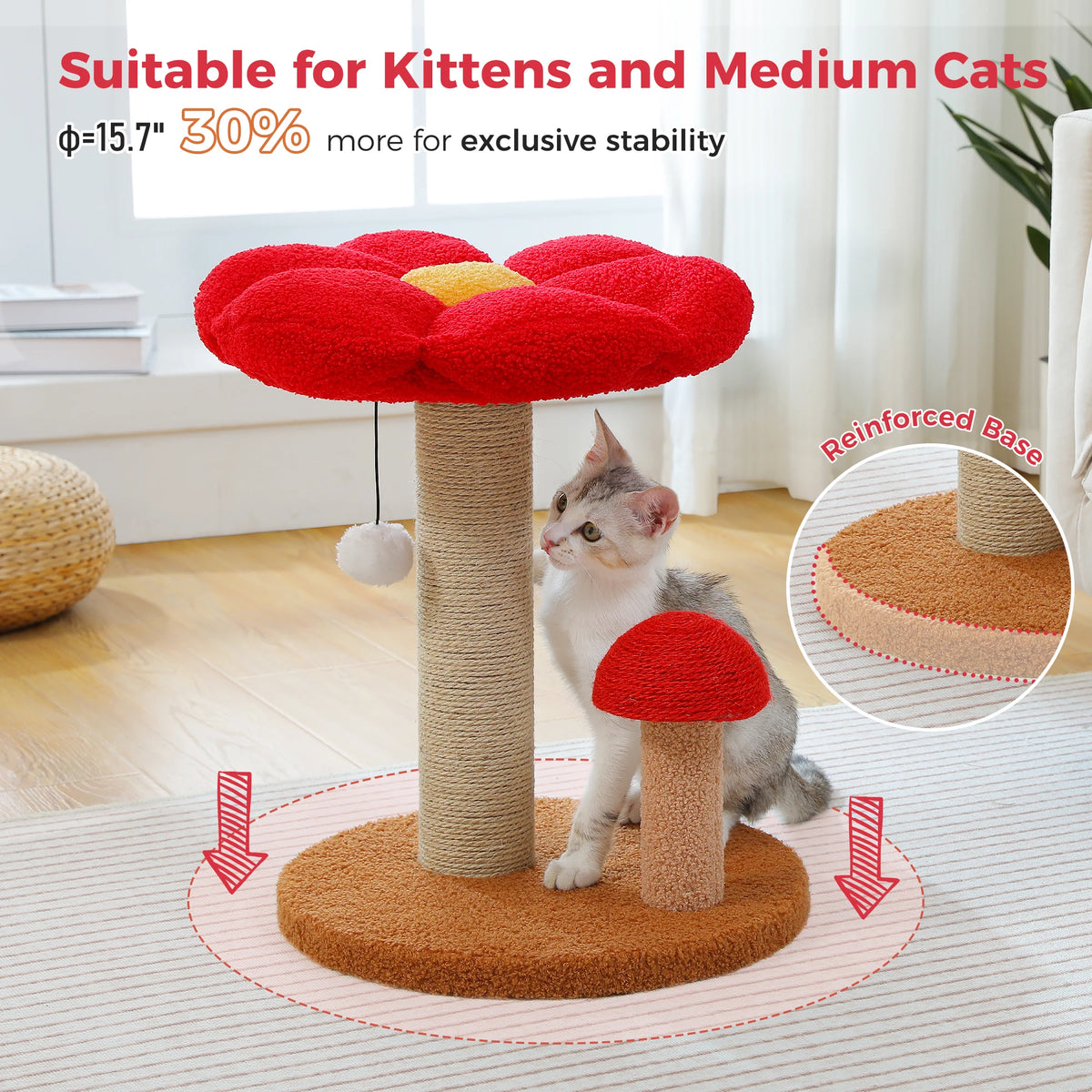 Small Cat Scratcher with Flower Perch and Hanging Pom-Pom Toy