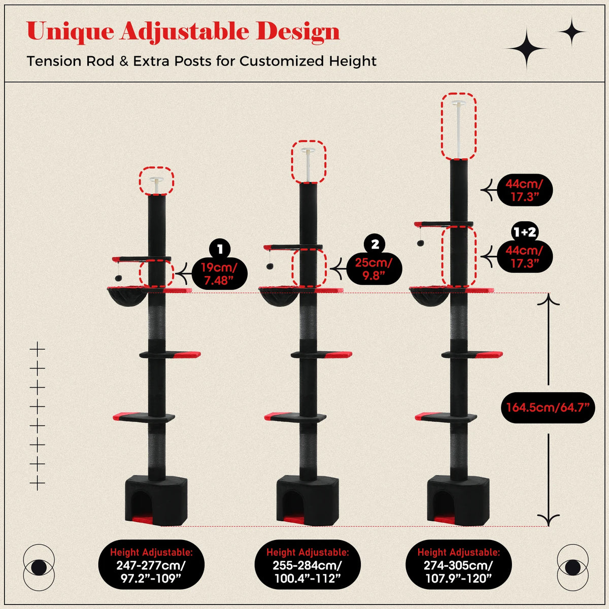 Adjustable Floor-to-Ceiling Cat Tower with Scratching Post and Dangling Ball