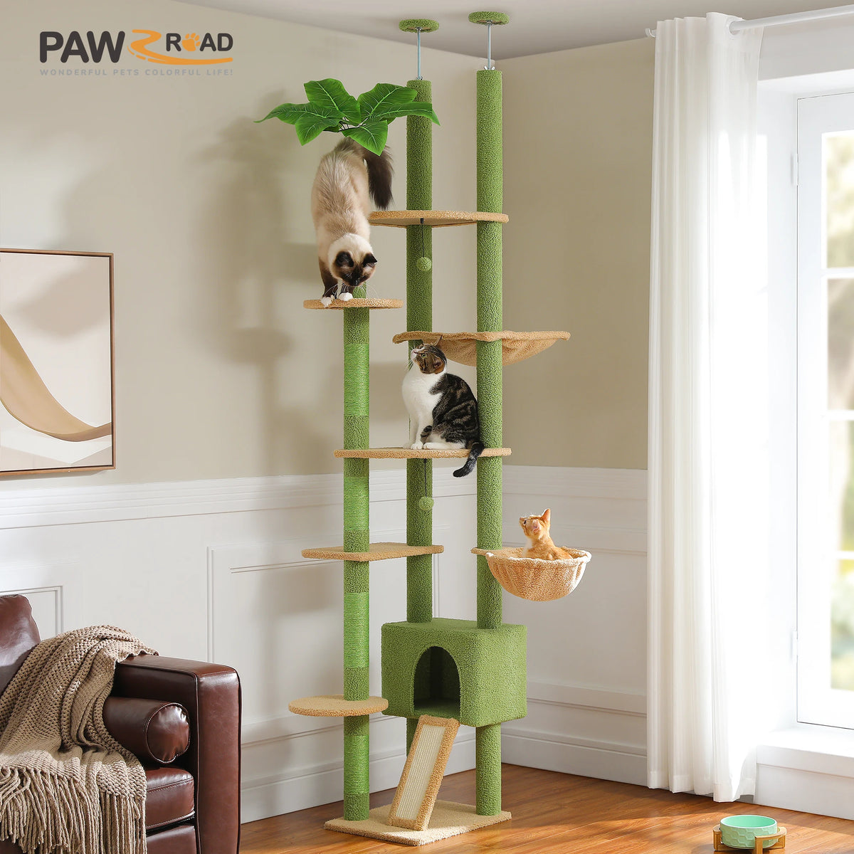 Plant-Inspired Floor-to-Ceiling Cat Tower with Condo, Hammock, and Scratching Post