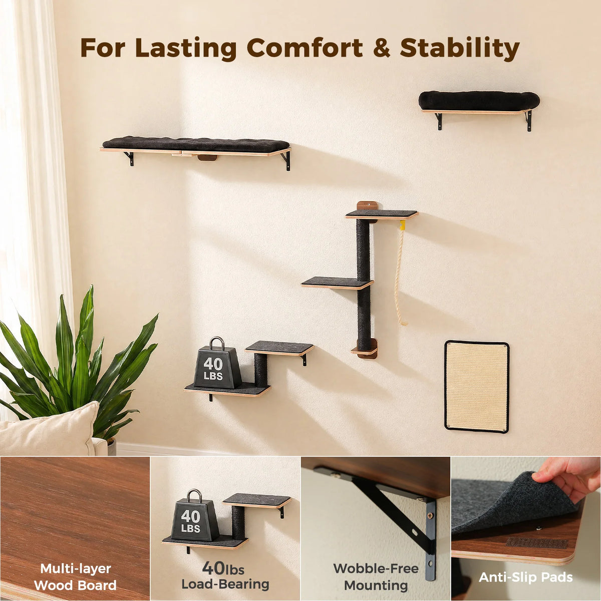 Modular Wall-Mounted Cat Climbing Set with Perches and Scratching Posts