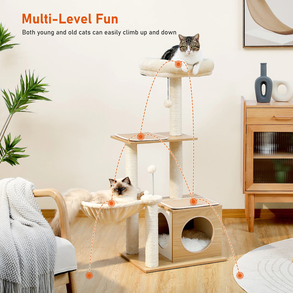 Multi-Level Indoor Cat Tower with Condo, Hammock, and Sisal Scratching Posts