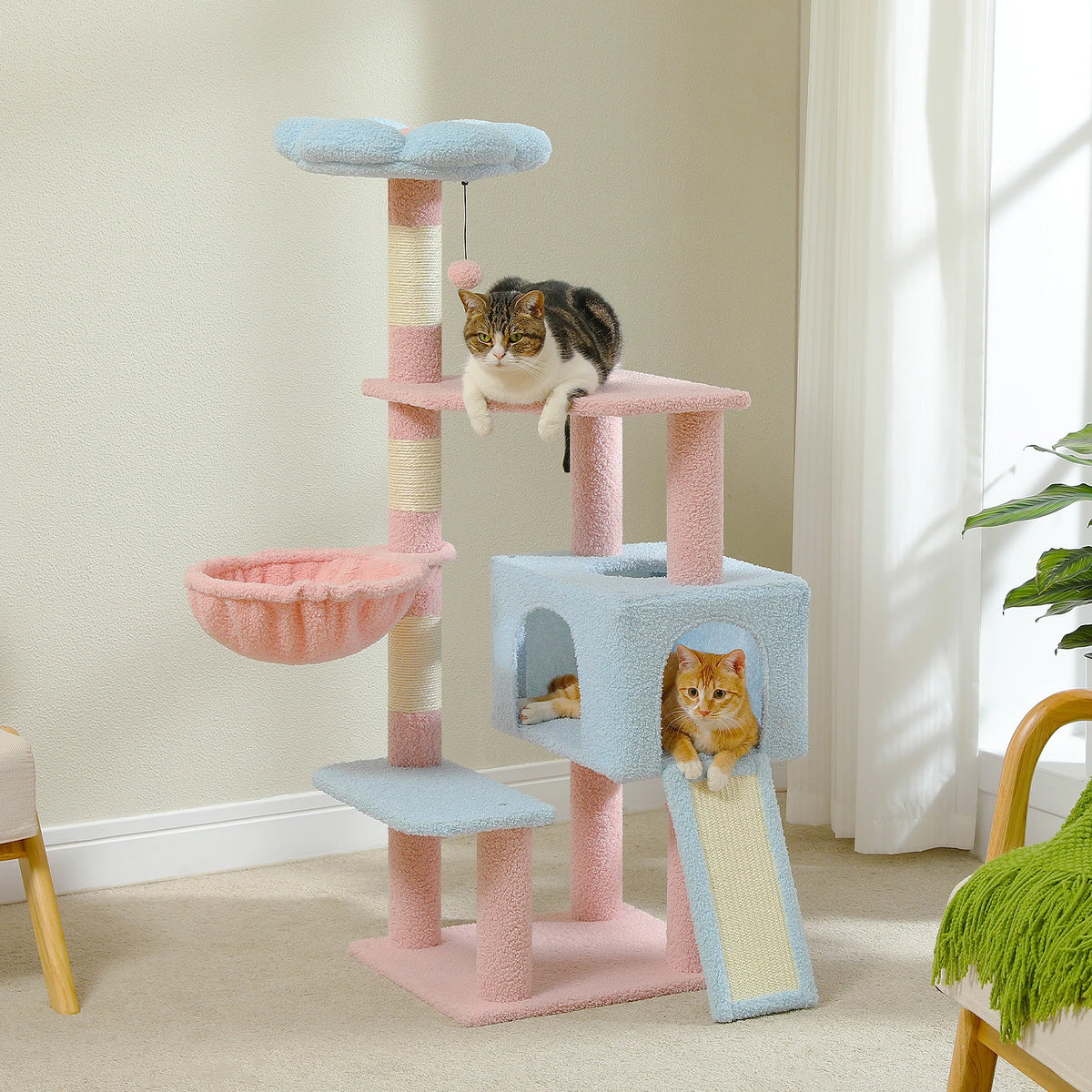 Multi-Level Cat Tower with Hammock, Ramp, and Cube Condo