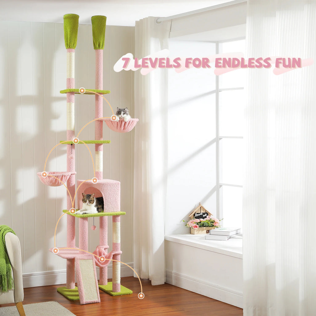 Cactus-Shaped Floor-to-Ceiling Cat Climbing Tower with Hammocks