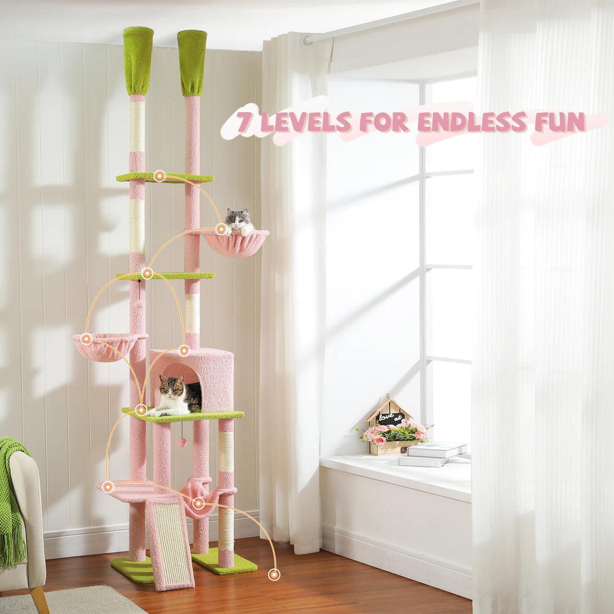Cactus-Shaped Floor-to-Ceiling Cat Climbing Tower with Hammocks