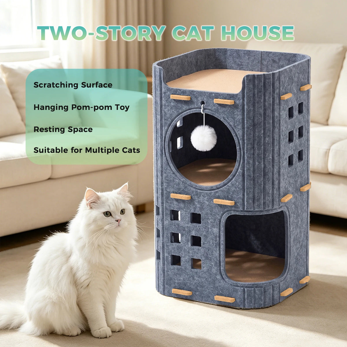Two-Tier Detachable Cat Condo with Double Cave and Hanging Toy