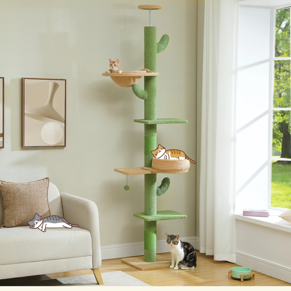 Adjustable Cactus-Shaped Floor-to-Ceiling Cat Tree with Hammock