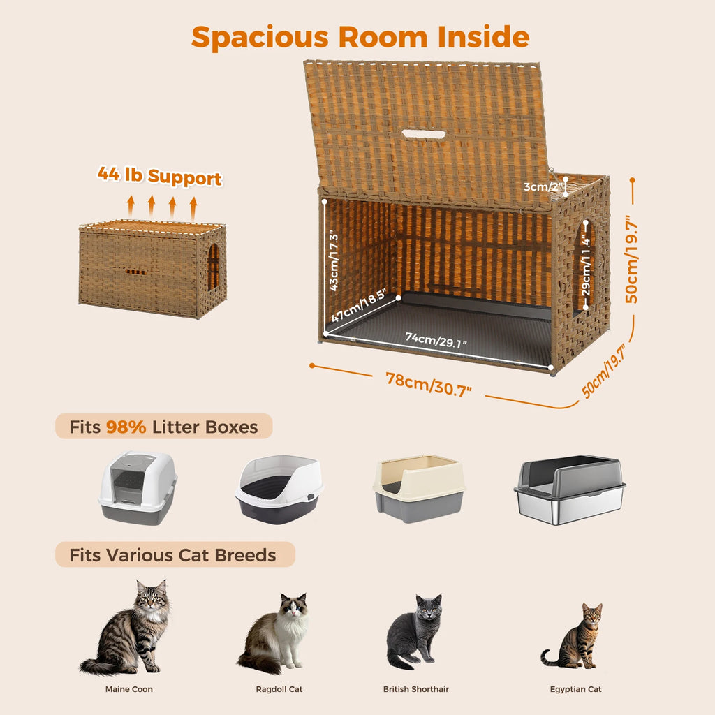 Woven Cat Litter Box Enclosure with Reversible Entrance and Flip-Up Lid