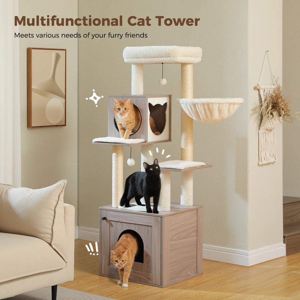 Multi-Level Indoor Cat Tower with Litter Box Cabinet and Hammock
