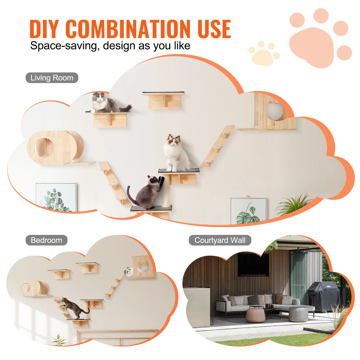 Wall-Mounted Cat Shelves with Jumping Boards and Hammocks