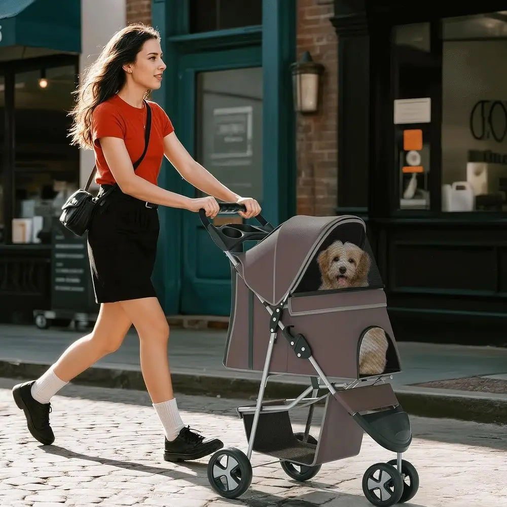 Foldable Pet Stroller with Swivel Front Wheel and Storage Basket