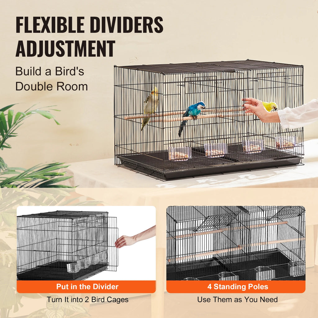Divided Small Bird Cage with Perches, Feeding Doors, and Sliding Tray