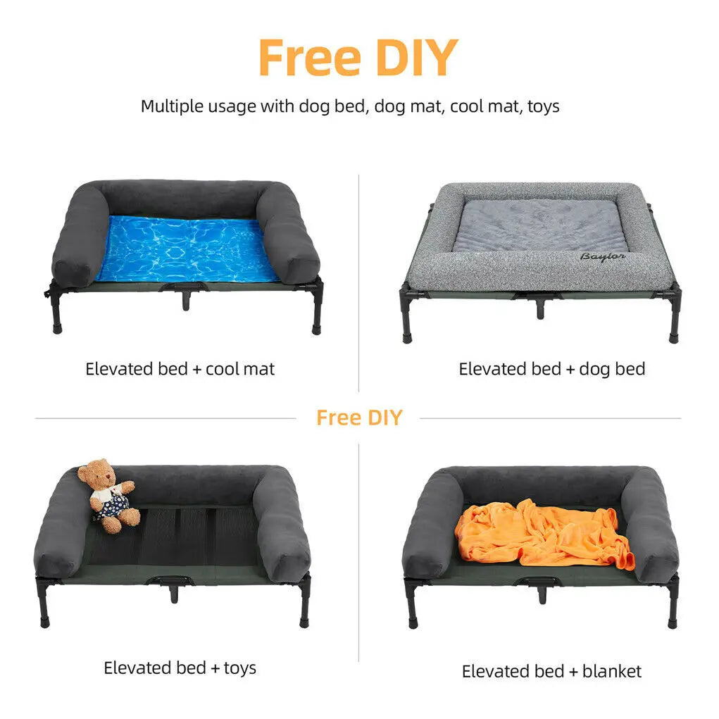 Elevated Pet Lounger with Two Covers and Detachable Bolster