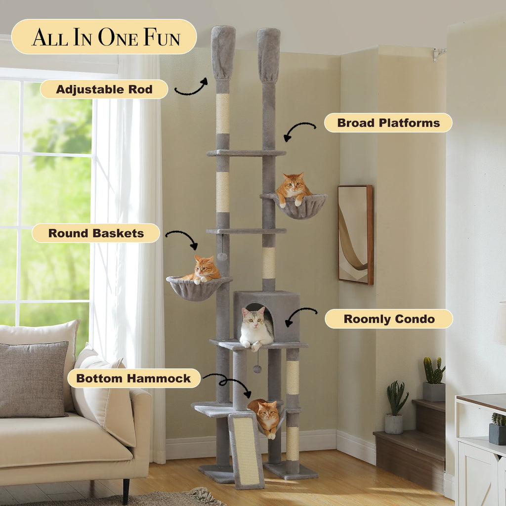 Cactus-Shaped Floor-to-Ceiling Cat Climbing Tower with Hammocks