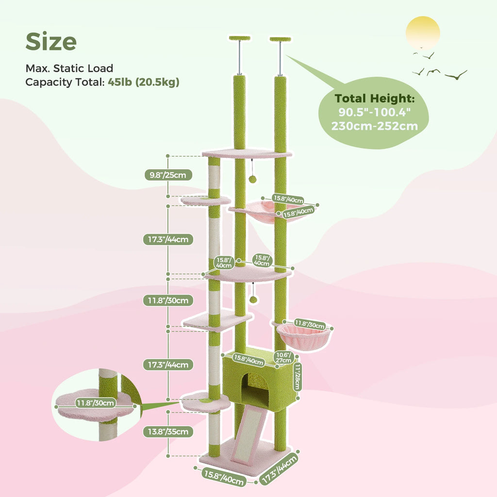 Plant-Inspired Floor-to-Ceiling Cat Tower with Condo, Hammock, and Scratching Post