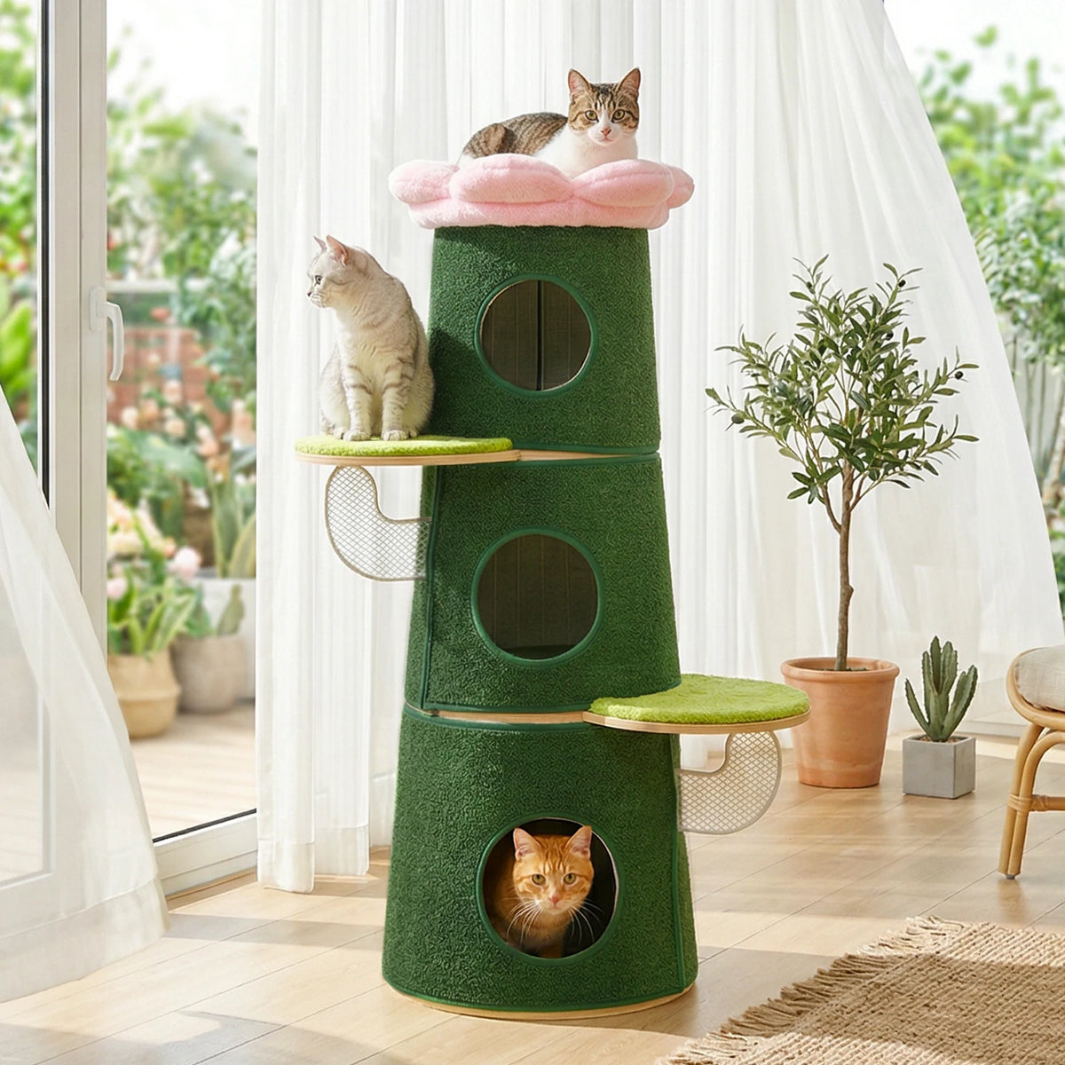 Multi-Level Indoor Cat Tower with Three Condos and Flower Perch