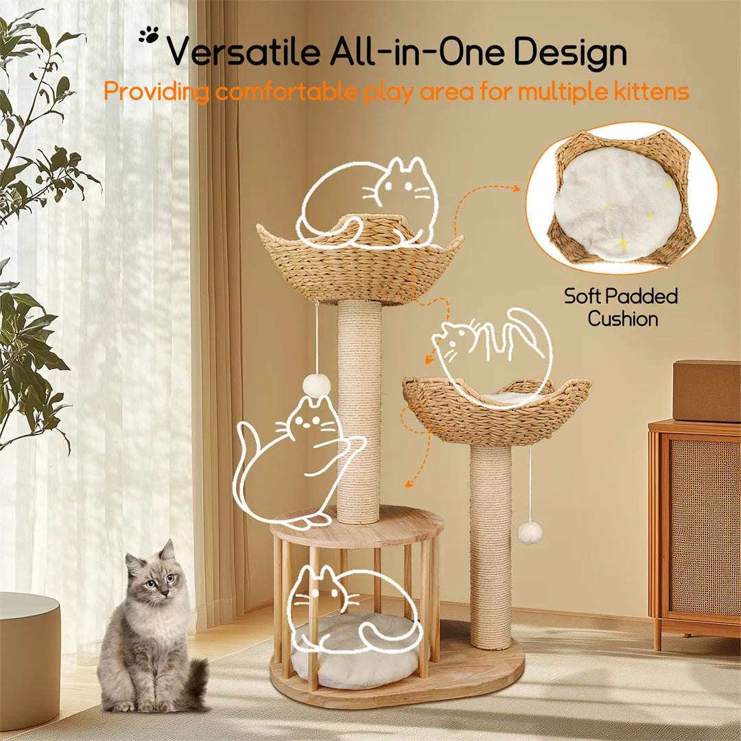 Three-Tier Cat Climbing Tower with Scratching Post and Cat Condo