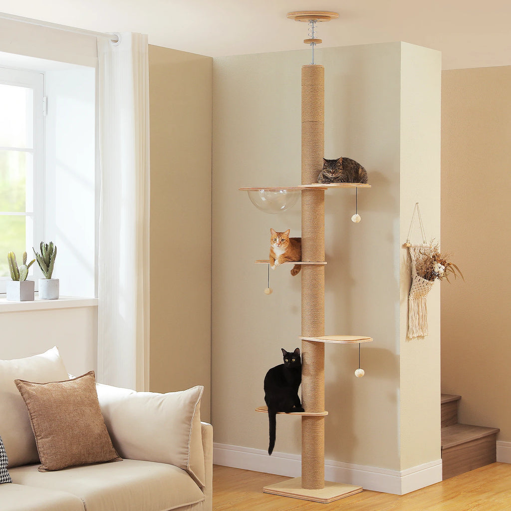 Adjustable Floor-to-Ceiling Cat Tree with Cave and Hanging Toys