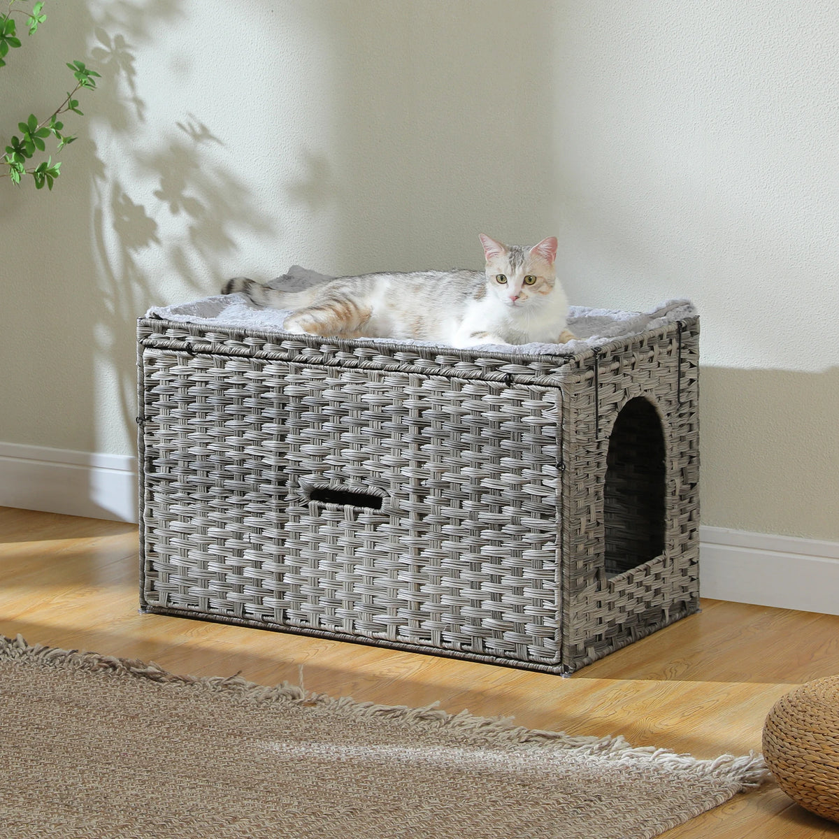 Woven Cat Litter Box Enclosure with Reversible Entrance and Flip-Up Lid