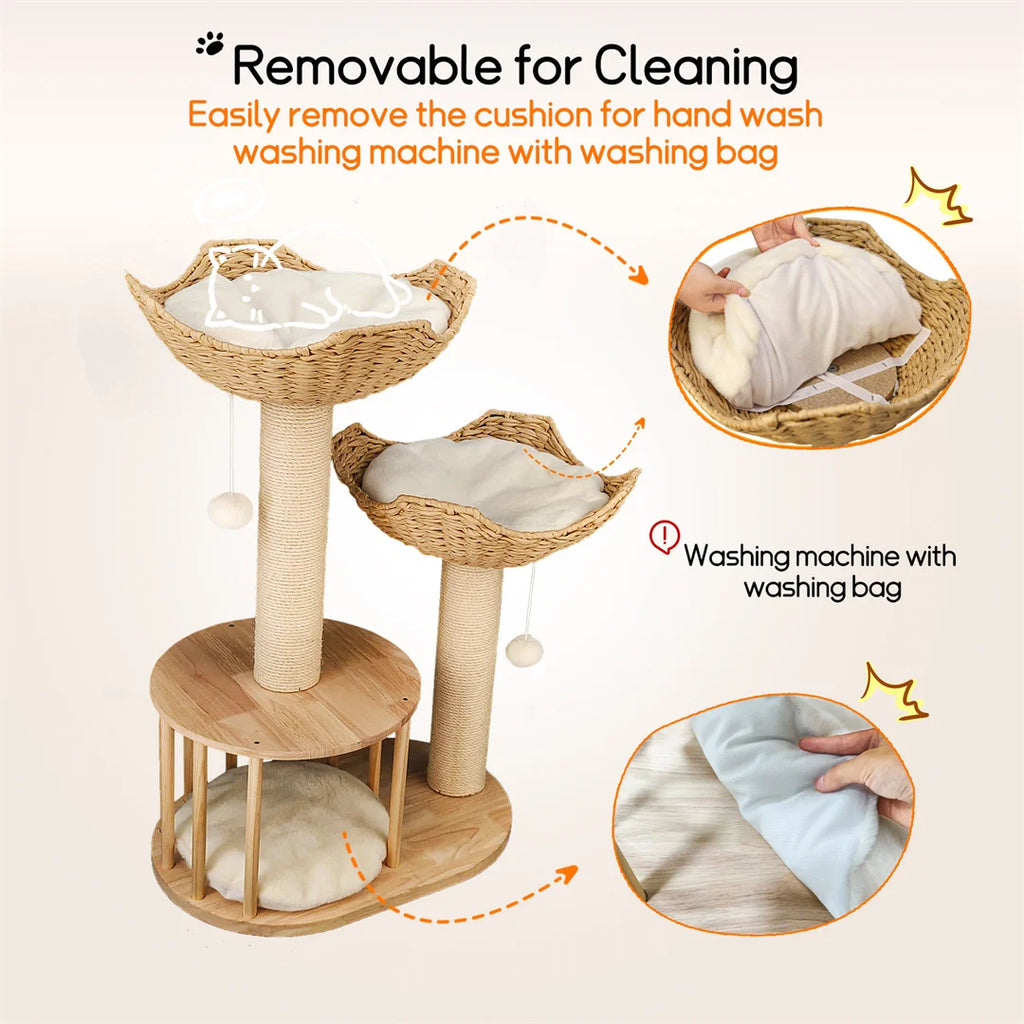 Three-Tier Indoor Cat Climbing Tree with Condo, Baskets, and Scratching Post