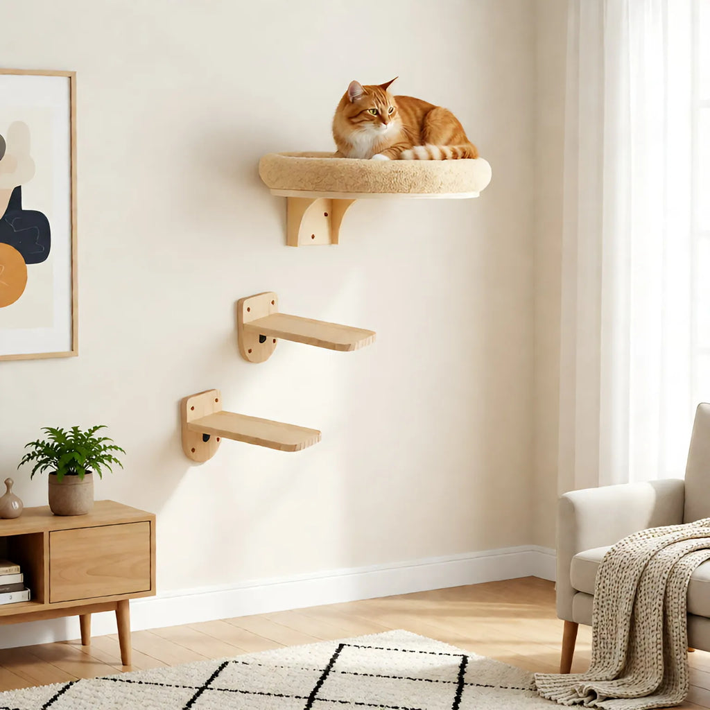 Cat Wall Mounted Solid Wooden Furniture Climbing Ladder and Cat Hammock with Scratching