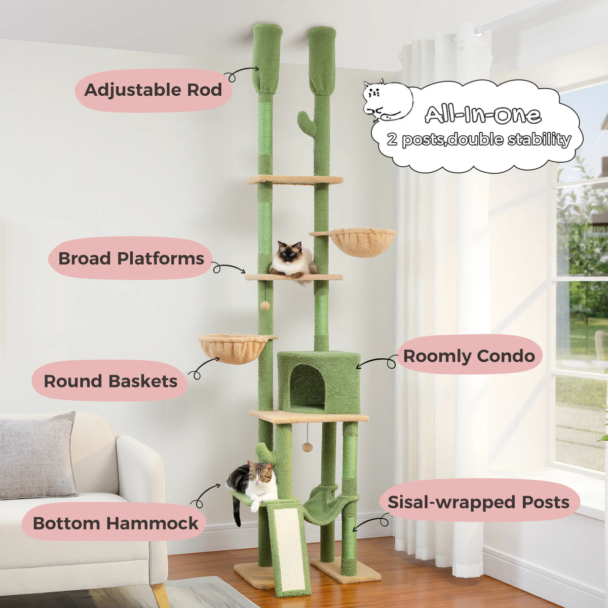 Adjustable Floor-to-Ceiling Cat Climbing Tower with Cactus Condo