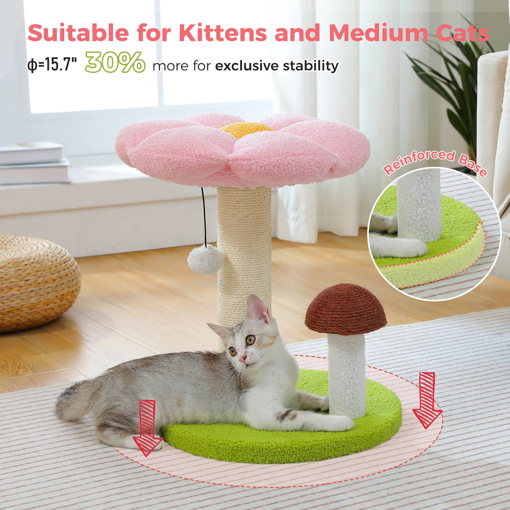 Small Cat Scratcher with Flower Perch and Hanging Pom-Pom Toy