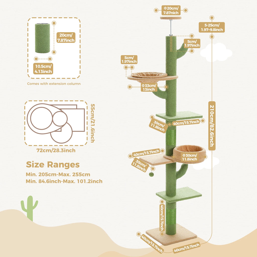 Adjustable Cactus-Shaped Floor-to-Ceiling Cat Tree with Hammock