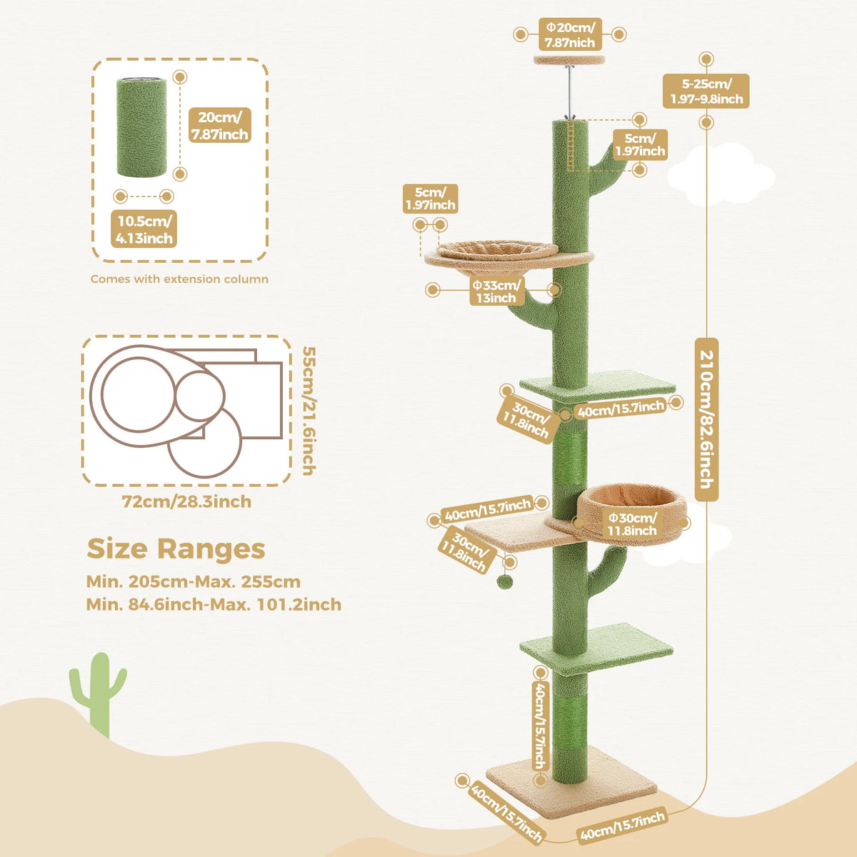 Adjustable Cactus-Shaped Floor-to-Ceiling Cat Tree with Hammock