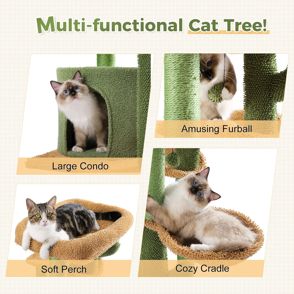 Cactus-Shaped Cat Tree with Condo, Scratching Post, and Multi-Level Perches