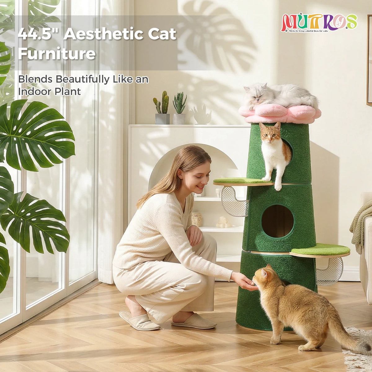 Multi-Level Indoor Cat Tower with Three Condos and Flower Perch
