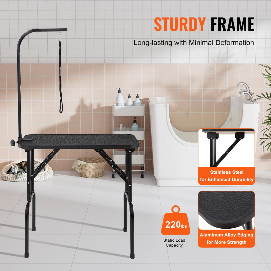 Foldable Dog Grooming Table with Dual Arms and Storage Shelf