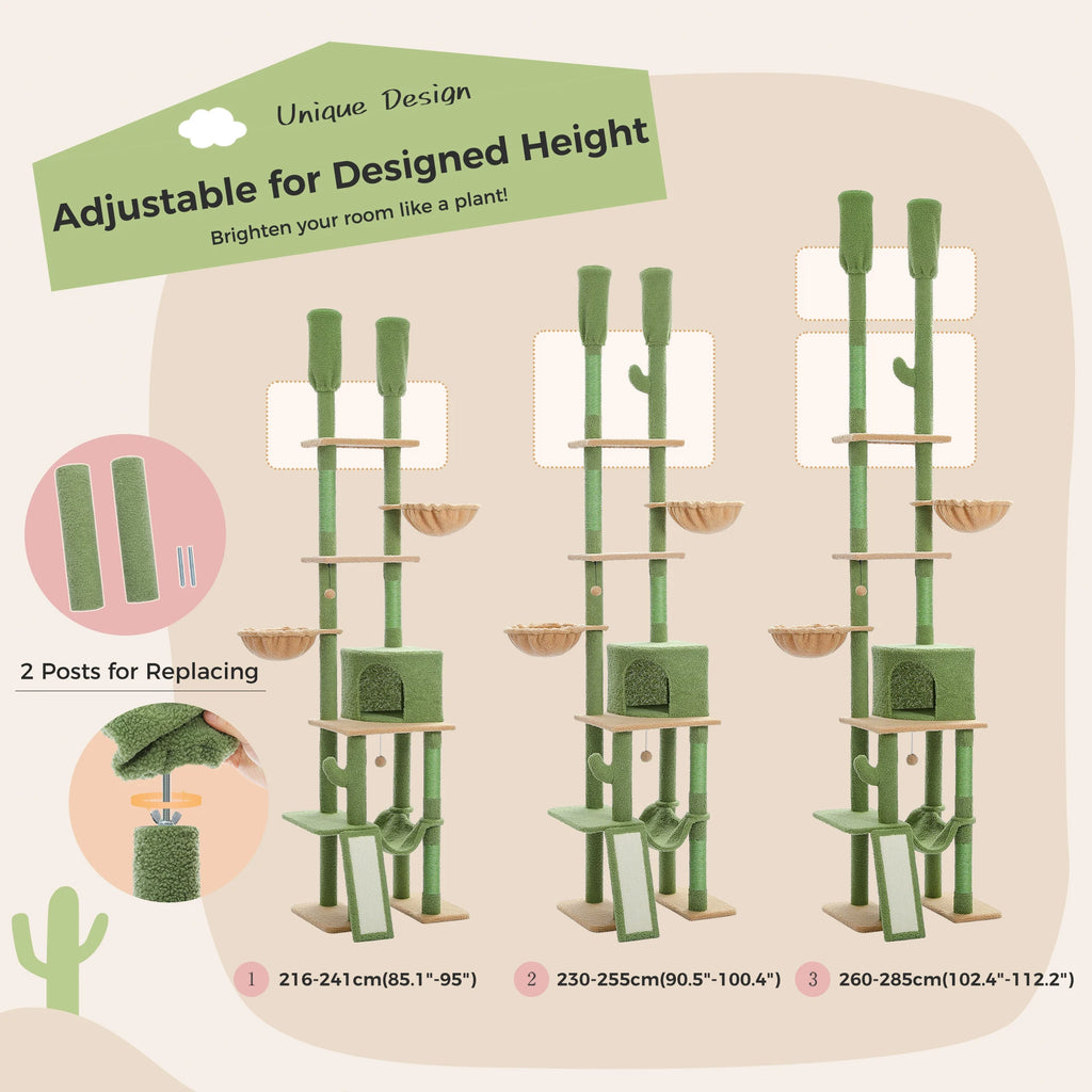 Cactus-Shaped Floor-to-Ceiling Cat Climbing Tower with Hammocks