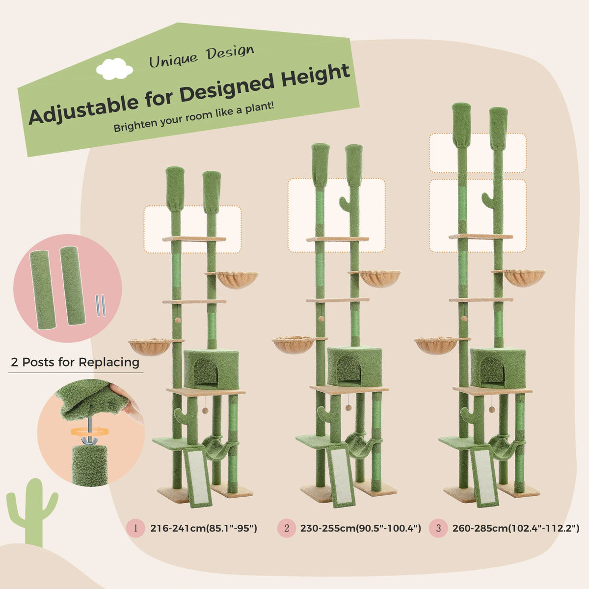 Cactus-Shaped Floor-to-Ceiling Cat Climbing Tower with Hammocks
