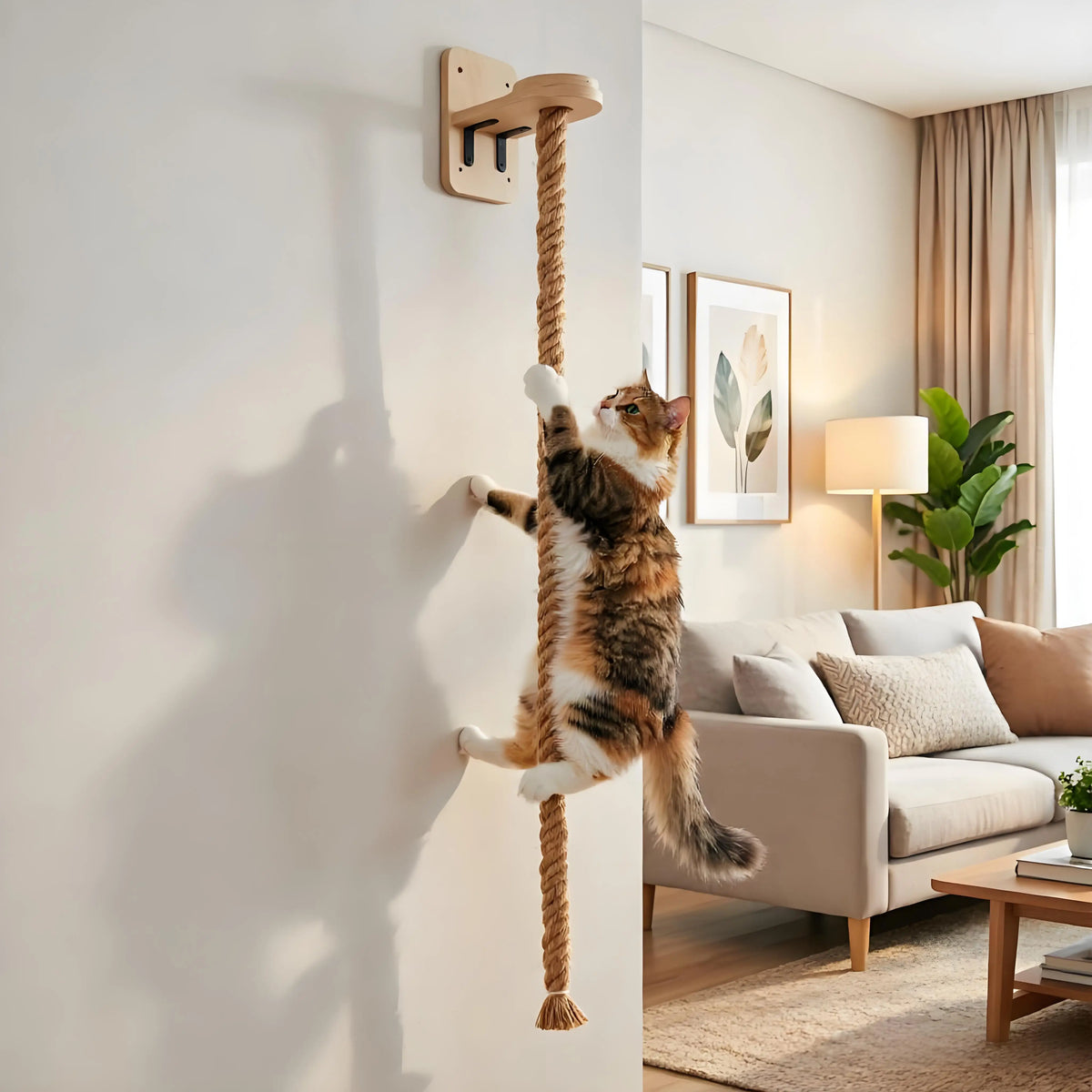 Wall-Mounted Cat Climbing Shelf and Rope Scratching Post