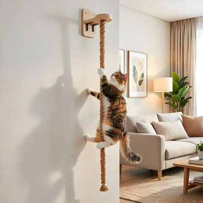 Wall-Mounted Cat Climbing Shelf and Rope Scratching Post