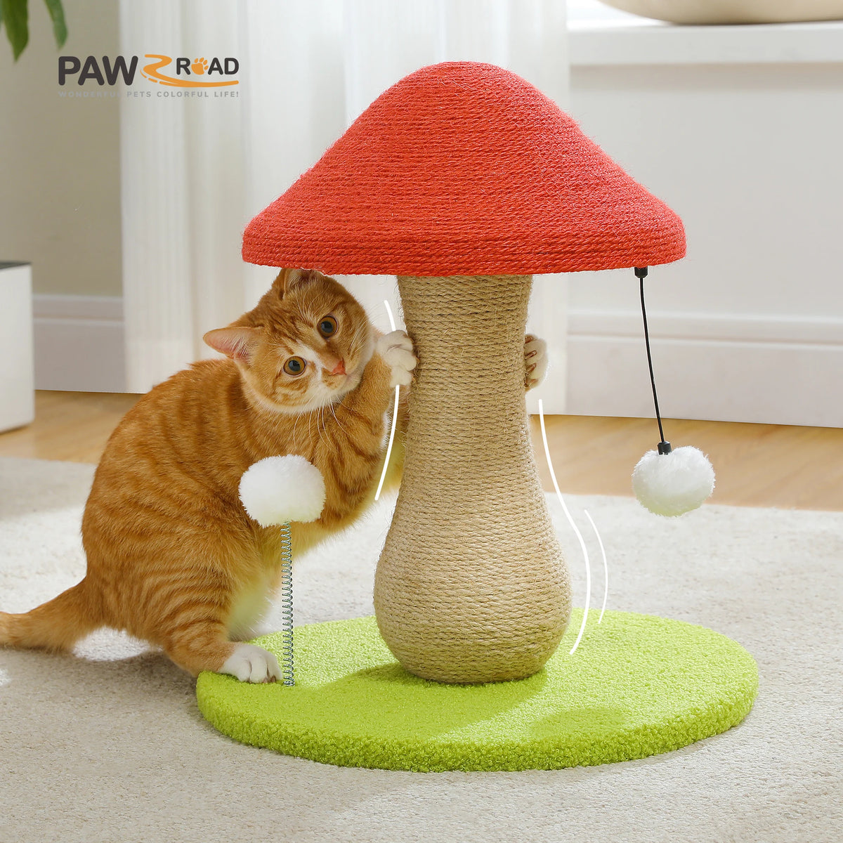 Cute Mushroom Cat Scratching Post with Sisal Surface and Pompom Toys