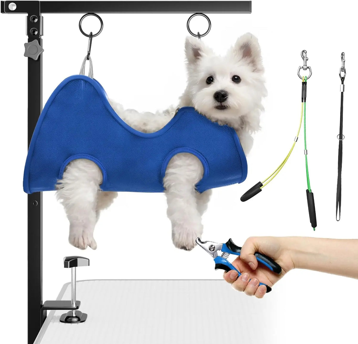 Dog Grooming Hammock with Clamp-On Arm for Home Nail Care