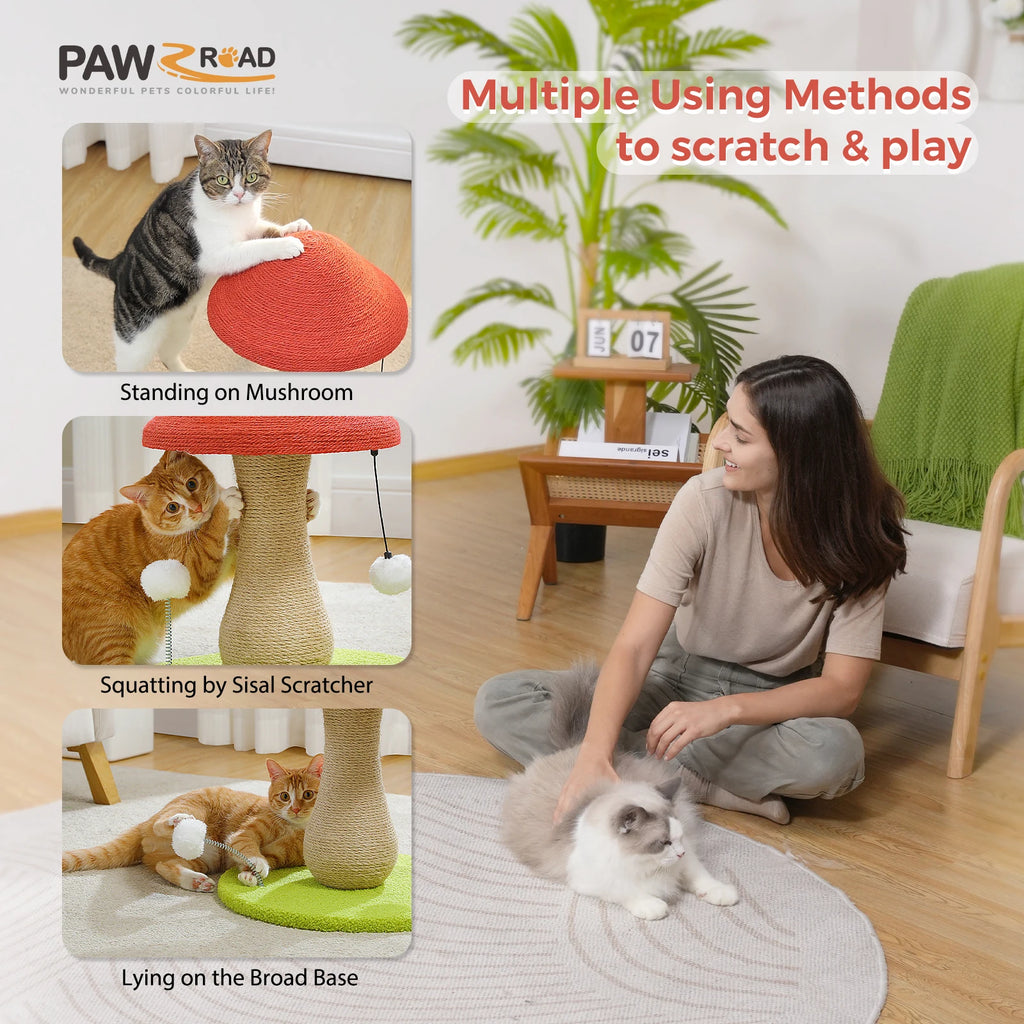 Cute Mushroom Cat Scratching Post with Sisal Surface and Pompom Toys