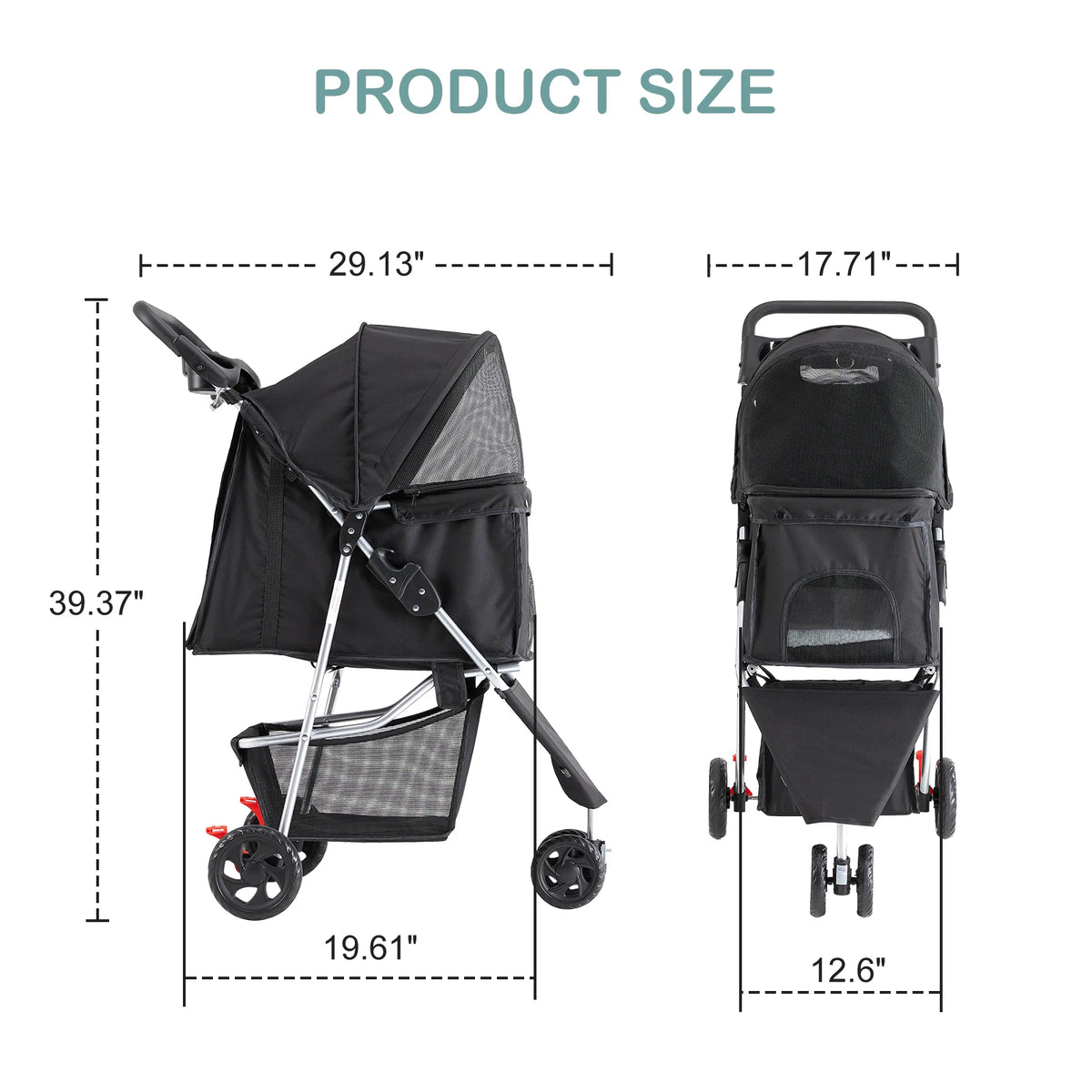 Foldable 3-Wheel Pet Stroller with Mesh Cabin, Basket, and Cup Holders