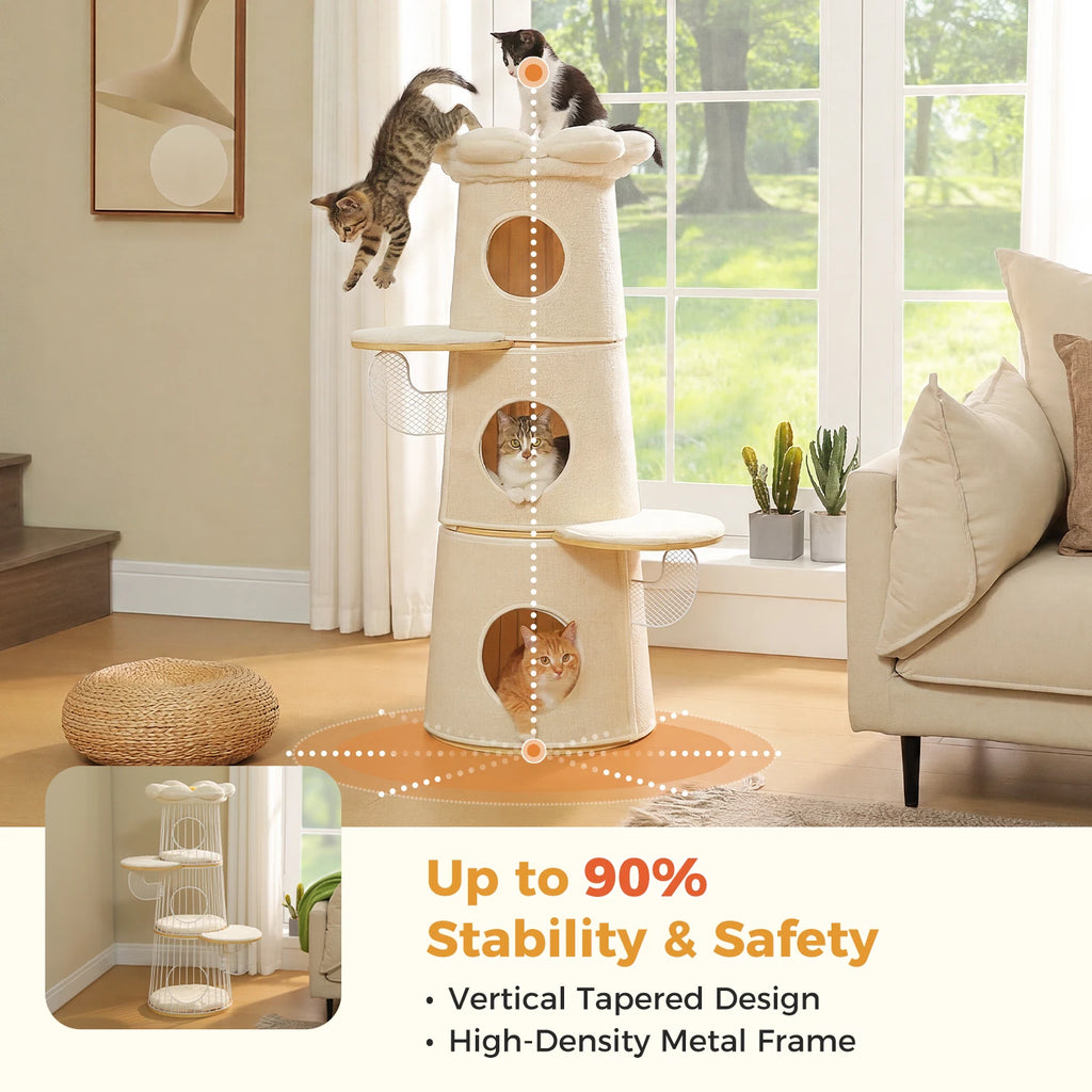 Multi-Level Indoor Cat Tower with Three Condos and Flower Perch
