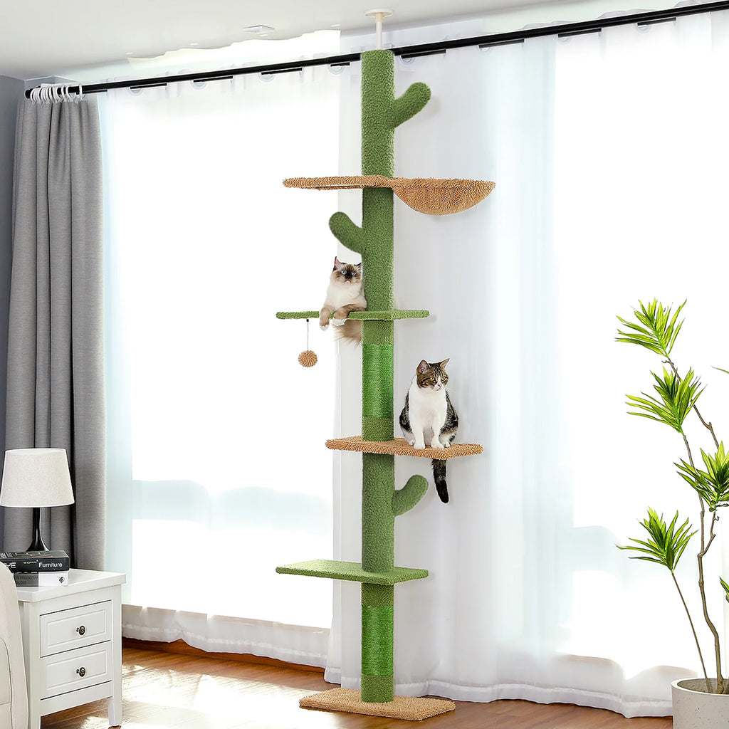 Cactus-Shaped Floor-to-Ceiling Cat Tower with Hammock and Scratching Post