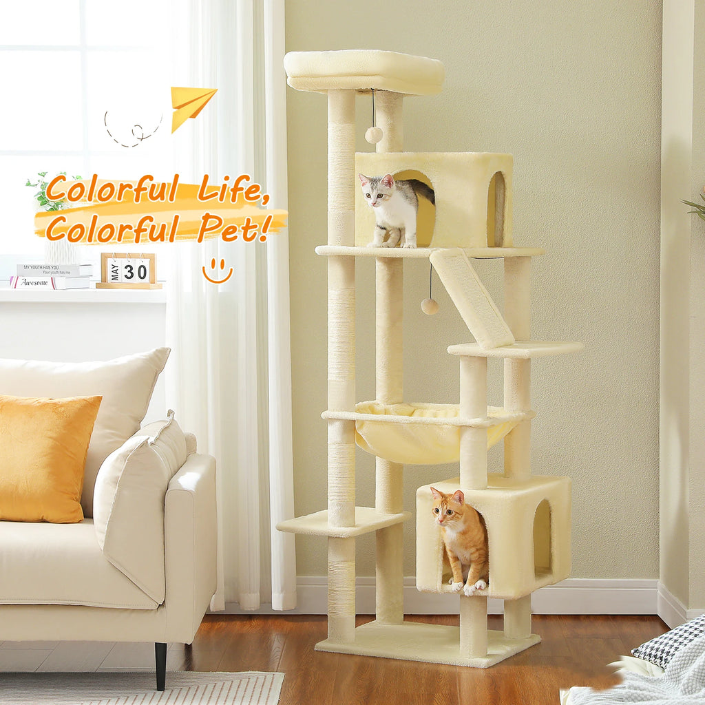 Tall Multi-Level Cat Tower for Large Cats with Two Condos and Scratching Posts