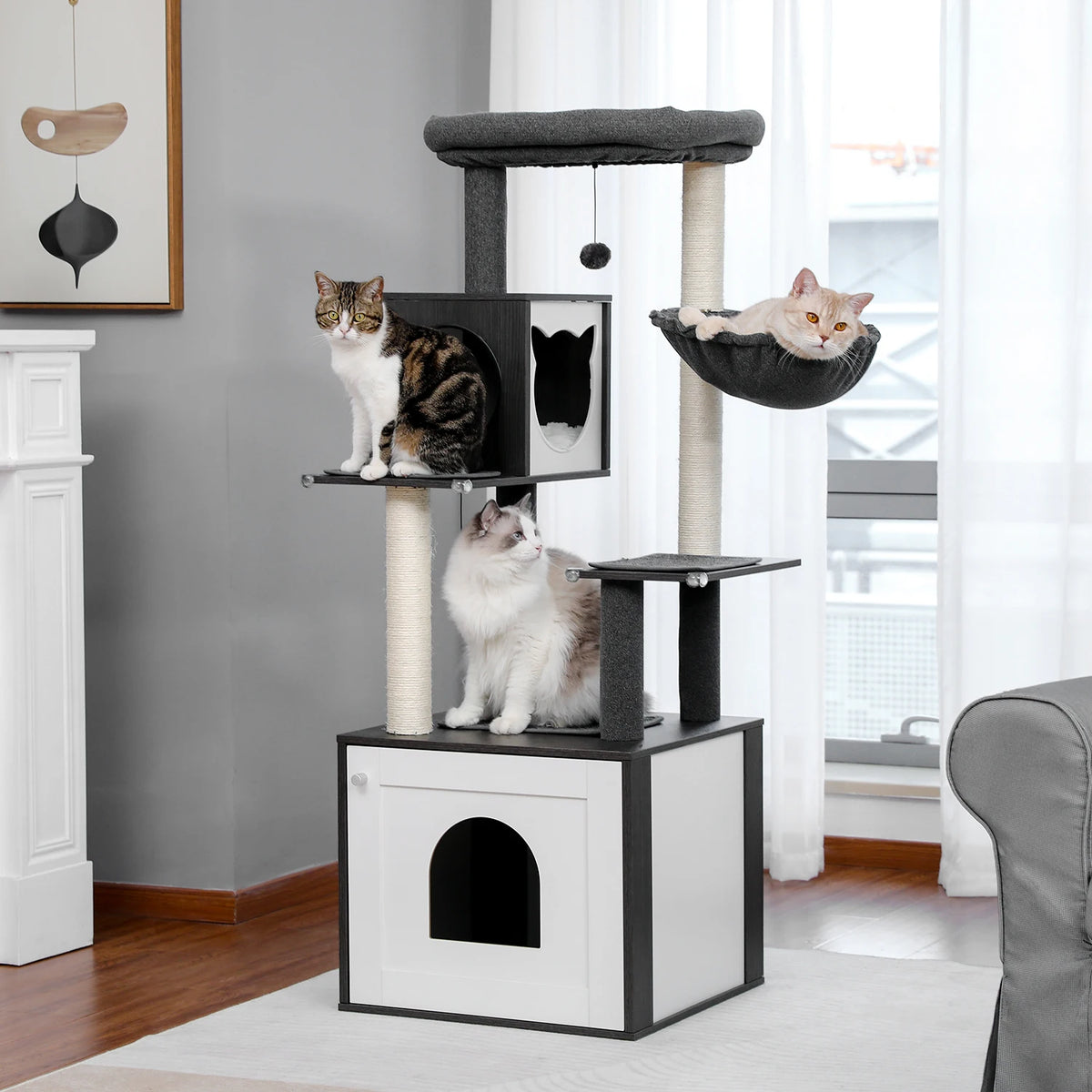 Multi-Level Cat Tower with Litter Box Enclosure and Storage Cabinet