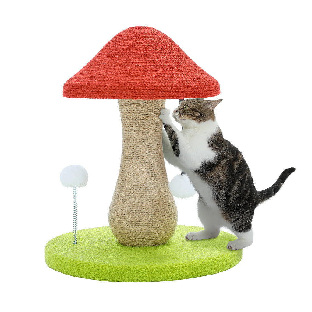 Cute Mushroom Cat Scratching Post with Sisal Surface and Pompom Toys