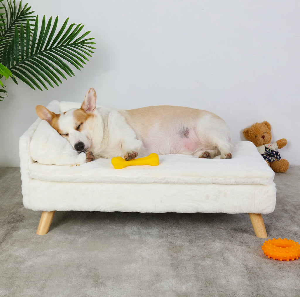 L-Shaped Elevated Pet Sofa with Plush Cushion and Pillow