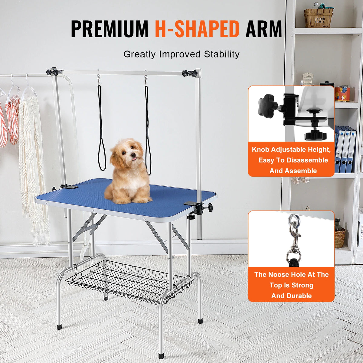 Foldable Dog Grooming Table with Dual Arms and Storage Shelf