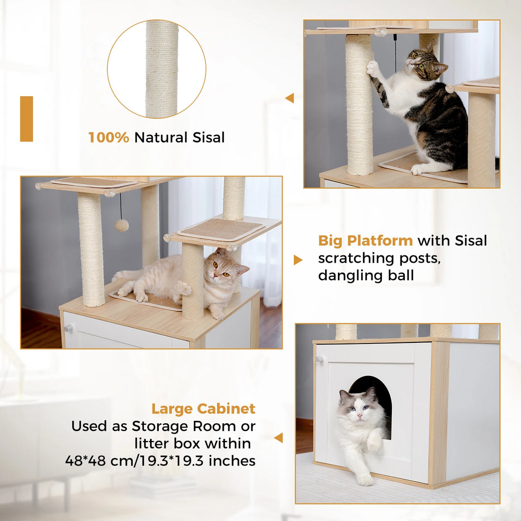 Multi-Level Cat Tower with Litter Box Enclosure and Storage Cabinet